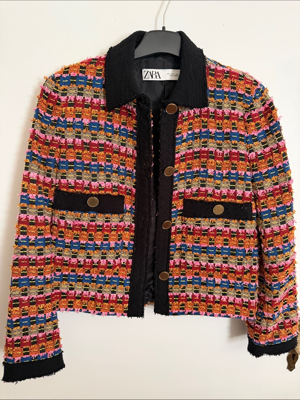 Zara Multicolor Tweed Jacket with Black Trim and Gold Buttons